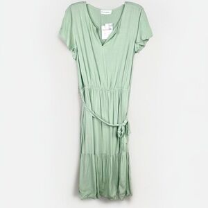 Lucky Brand Women Smoke Green Maxi Dress Short Sleeve Tie Waist Casual Size XL
